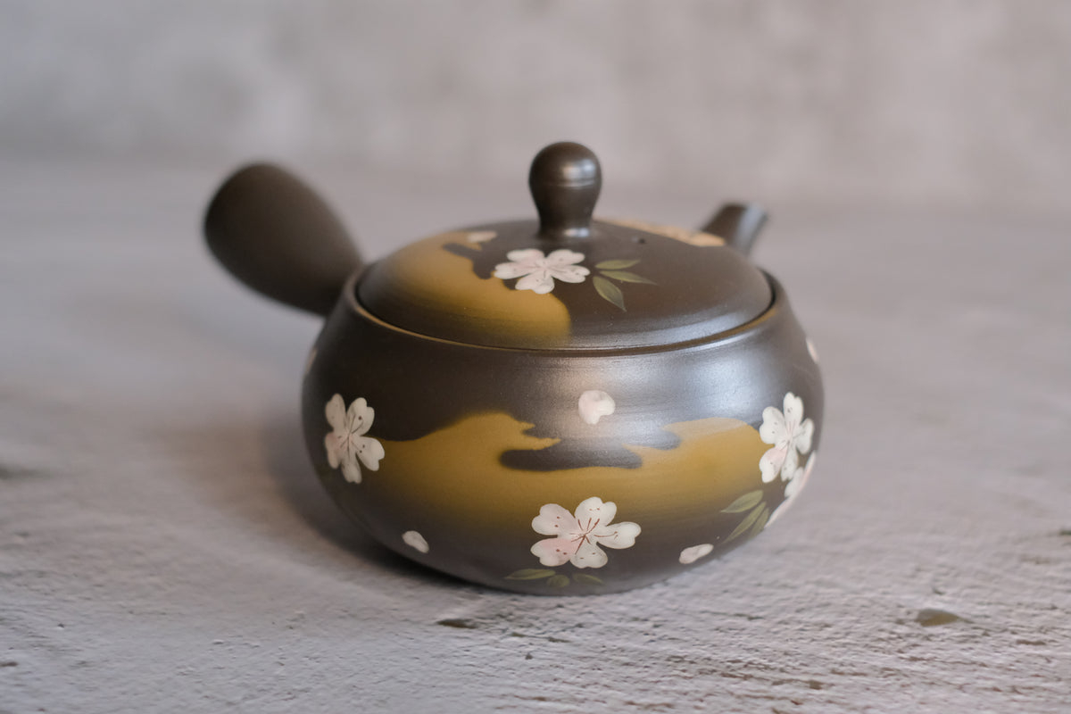 Tokoname Works Flat Cherry Blossom Dark Clay Teapot Object of Living
