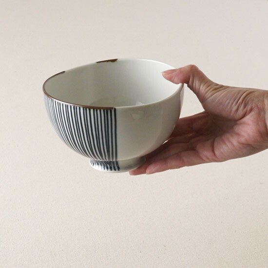 Hasami Ware Large Pair Minimalist Curved Edge Half Stripe Bowls
