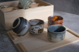 Minoyaki Contrast Texture Sake Cup/ Tea Cup Wooden Box Set