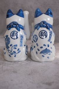 Setoyaki Indigo White Porcelain Maneki Neko Beckoning Cat