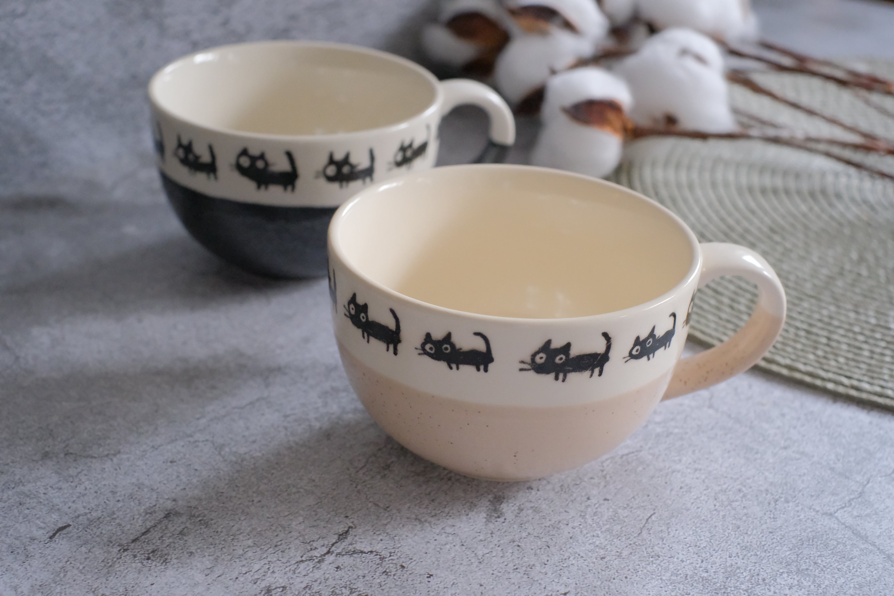 Minoyaki Kuroneko Sesame Melange Pair Latte Bowl/ Soup Mugs