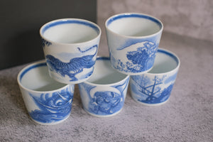 Minoyaki Traditional Motif Indigo Soba Choko Cup Set