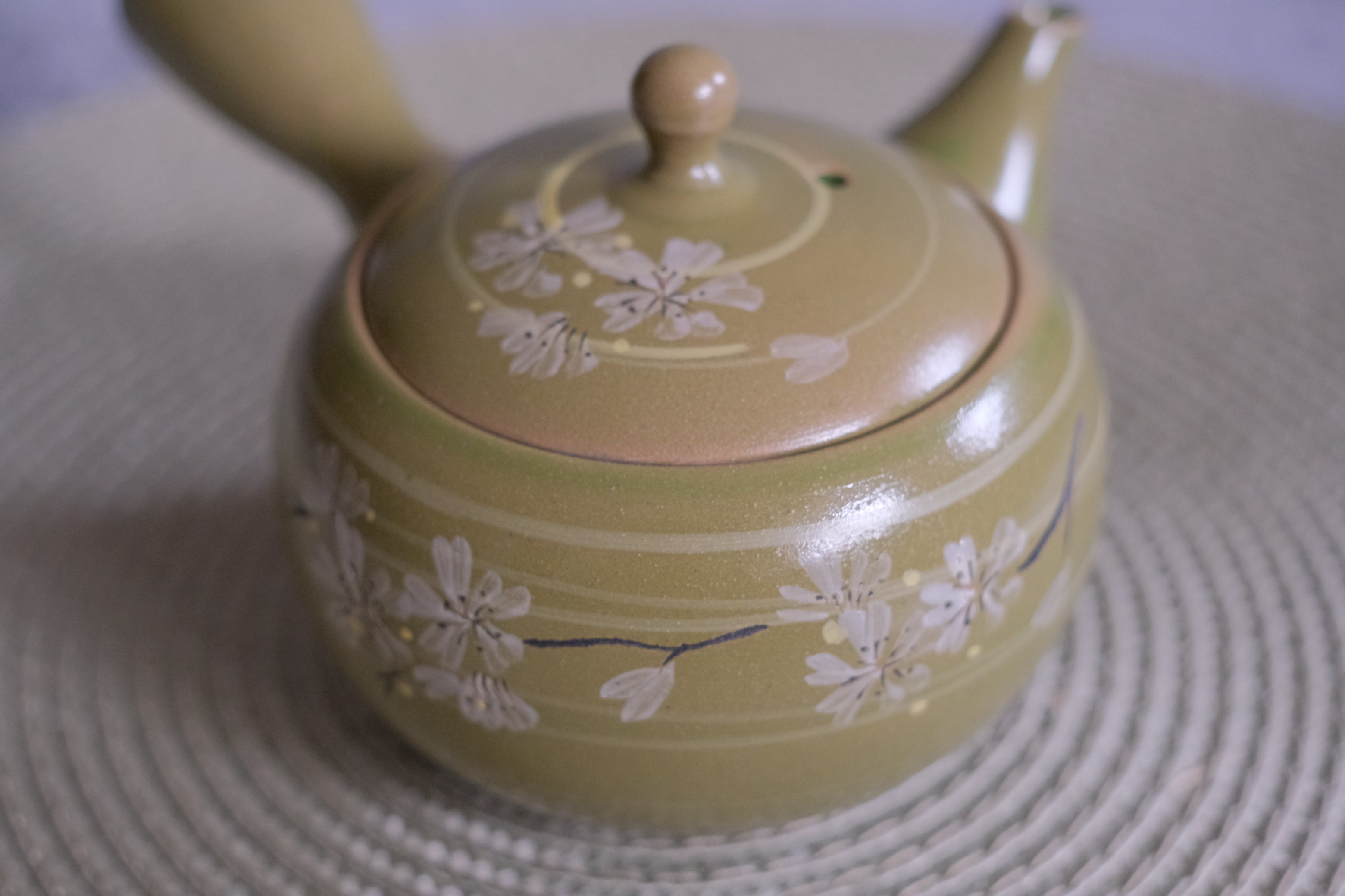 Mud Green Polished Japanese Floral Clay Teapot