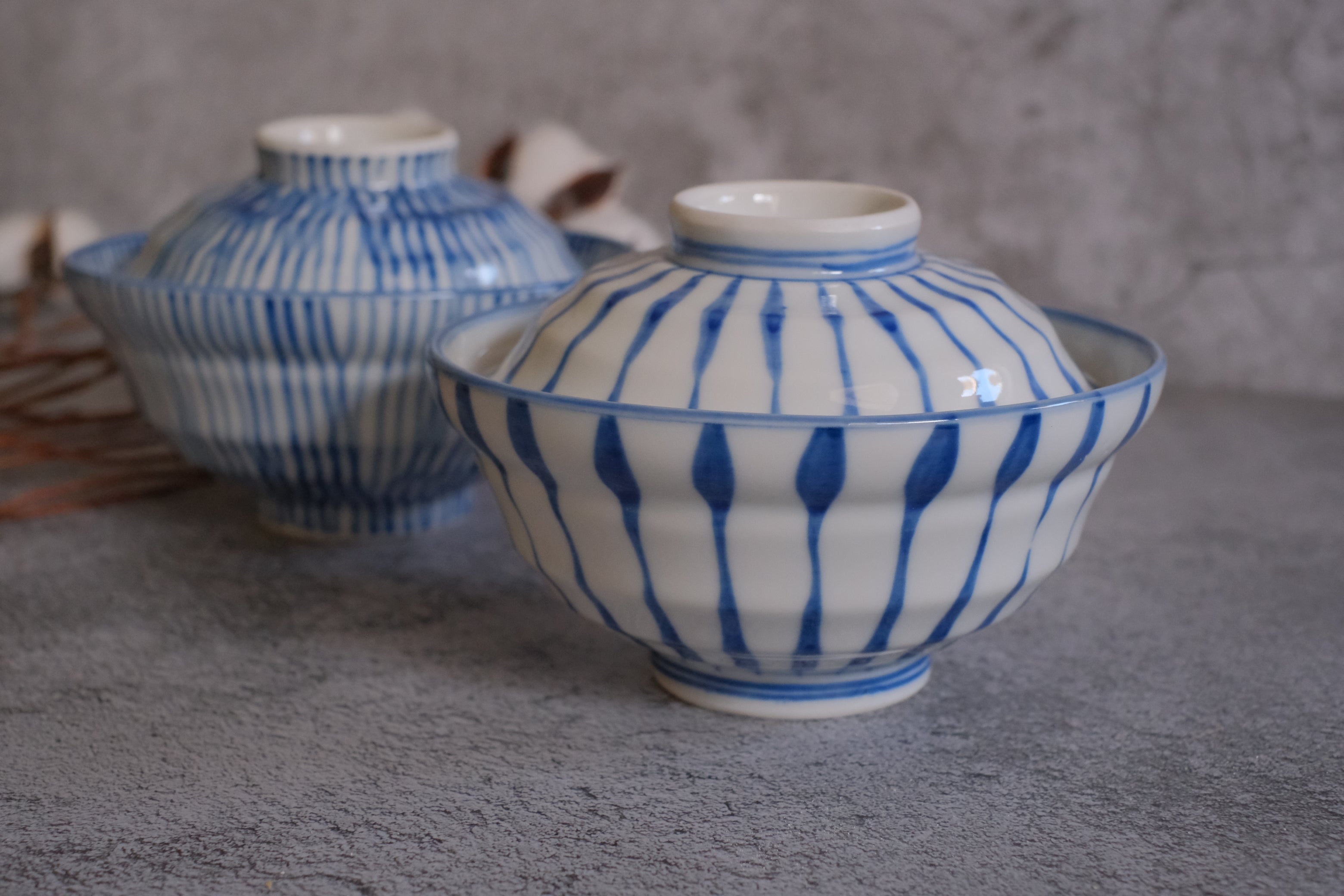 Indigo Julienne Stripes Pair Donburi Bowls with Lid