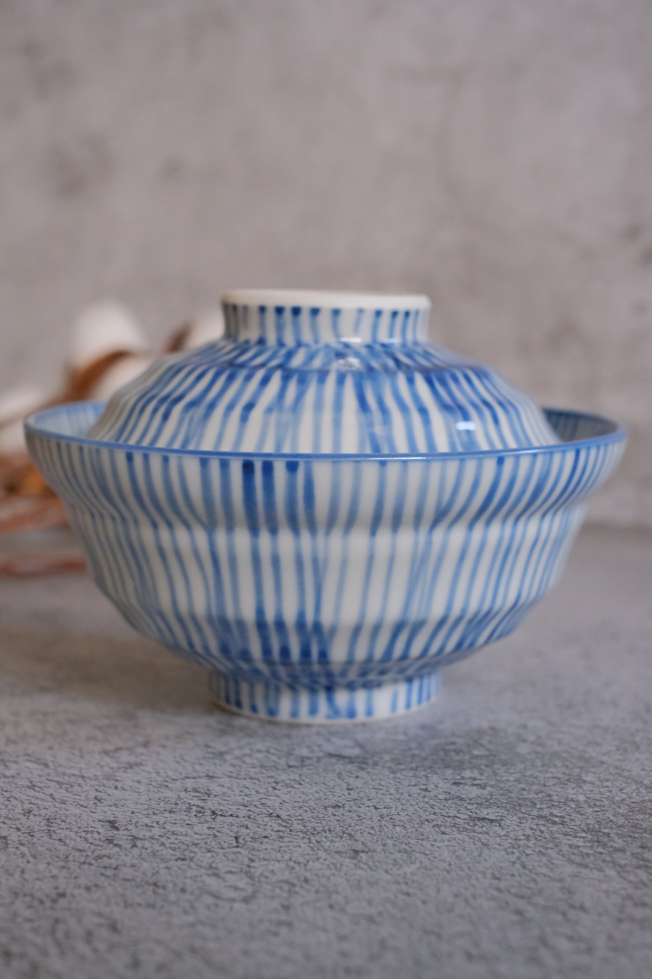 Indigo Julienne Stripes Pair Donburi Bowls with Lid