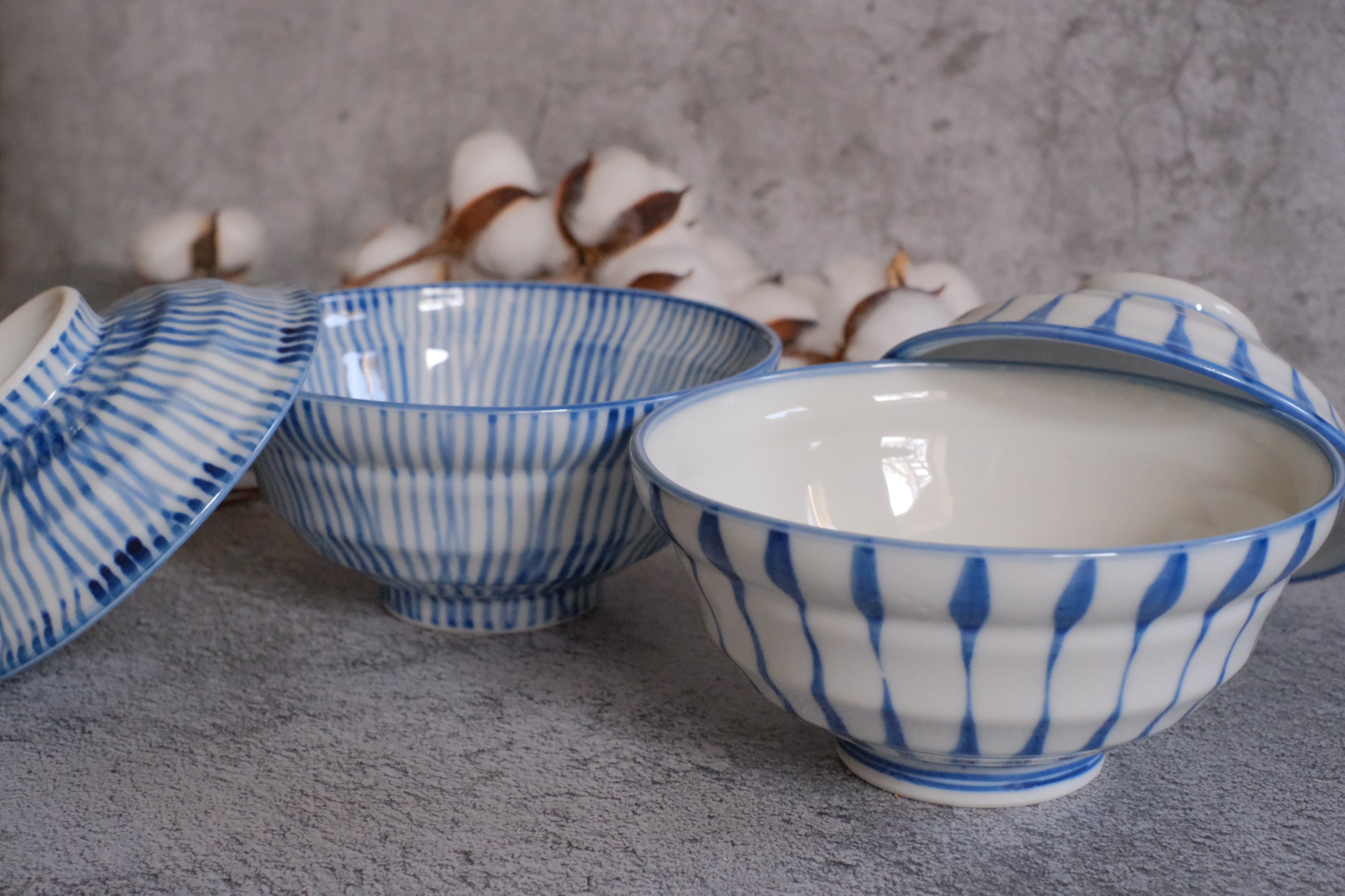 Indigo Julienne Stripes Pair Donburi Bowls with Lid