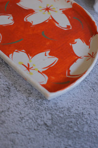 Red Cherry Blossom Half-Moon Serving Plate