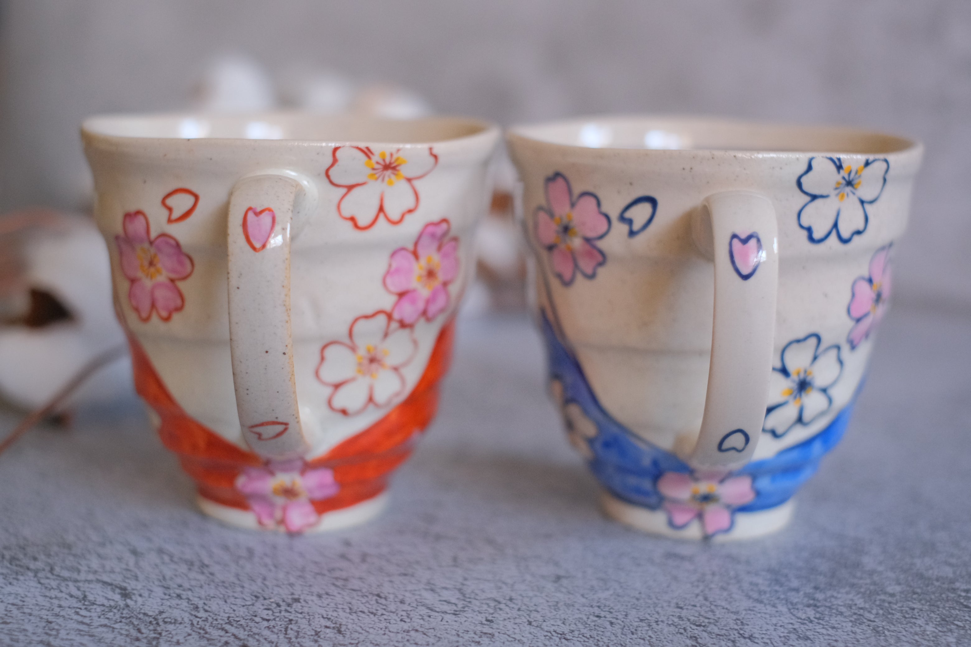 Minoyaki Red & Blue Sakura Fuji Handmade Pair Mugs