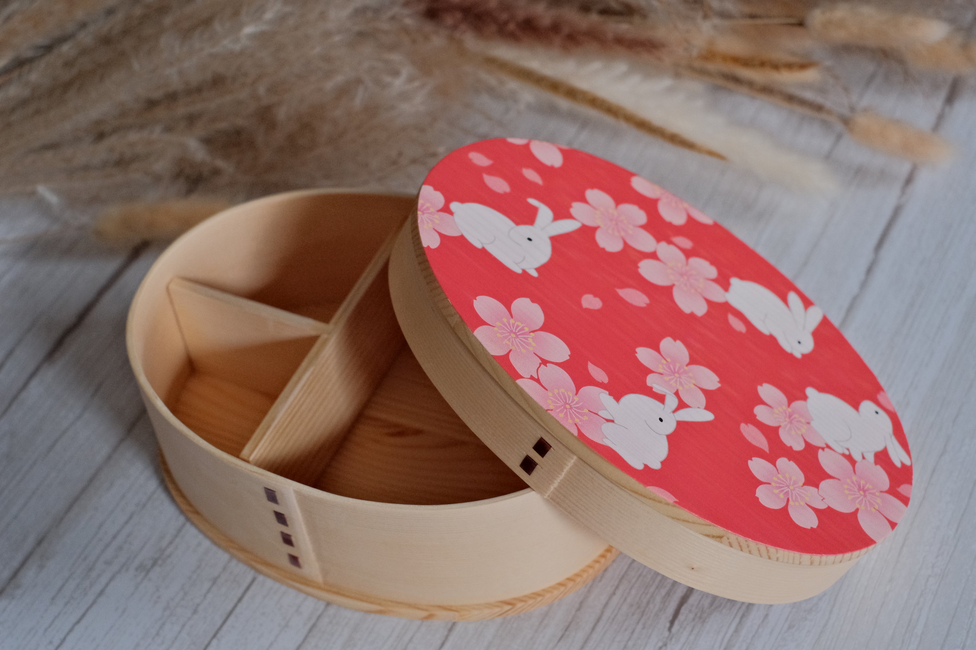 Red Spring Sakura Rabbit Natural Wood Bento Box