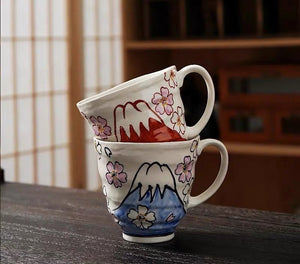 Minoyaki Red & Blue Sakura Fuji Handmade Pair Mugs