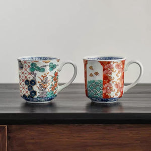 Minoyaki Floral Brocade Nishiki Kusabana Handmade Pair Mugs