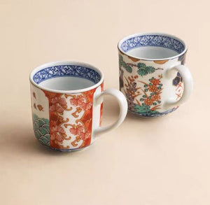 Minoyaki Floral Brocade Nishiki Kusabana Handmade Pair Mugs