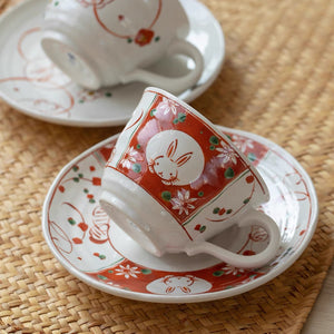 Minoyaki Festive Usagi Rabbit Pair Coffee Cup & Saucer