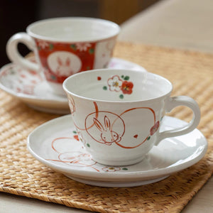 Minoyaki Festive Usagi Rabbit Pair Coffee Cup & Saucer