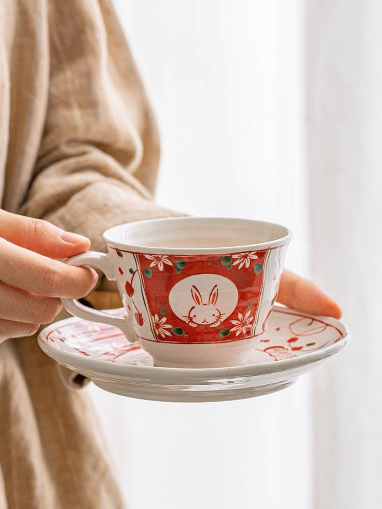 Minoyaki Festive Usagi Rabbit Pair Coffee Cup & Saucer