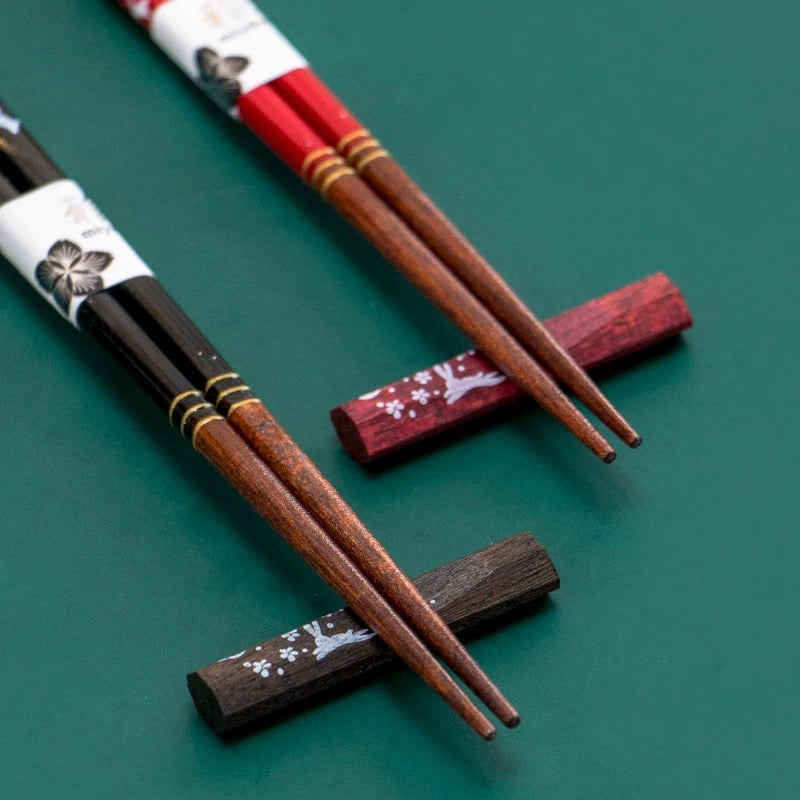 Premium Natural Wood Moonlight Rabbit His/ Hers Chopsticks & Chopstick ...