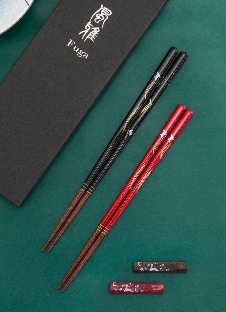 Premium Natural Wood Moonlight Rabbit His/ Hers Chopsticks & Chopstick ...