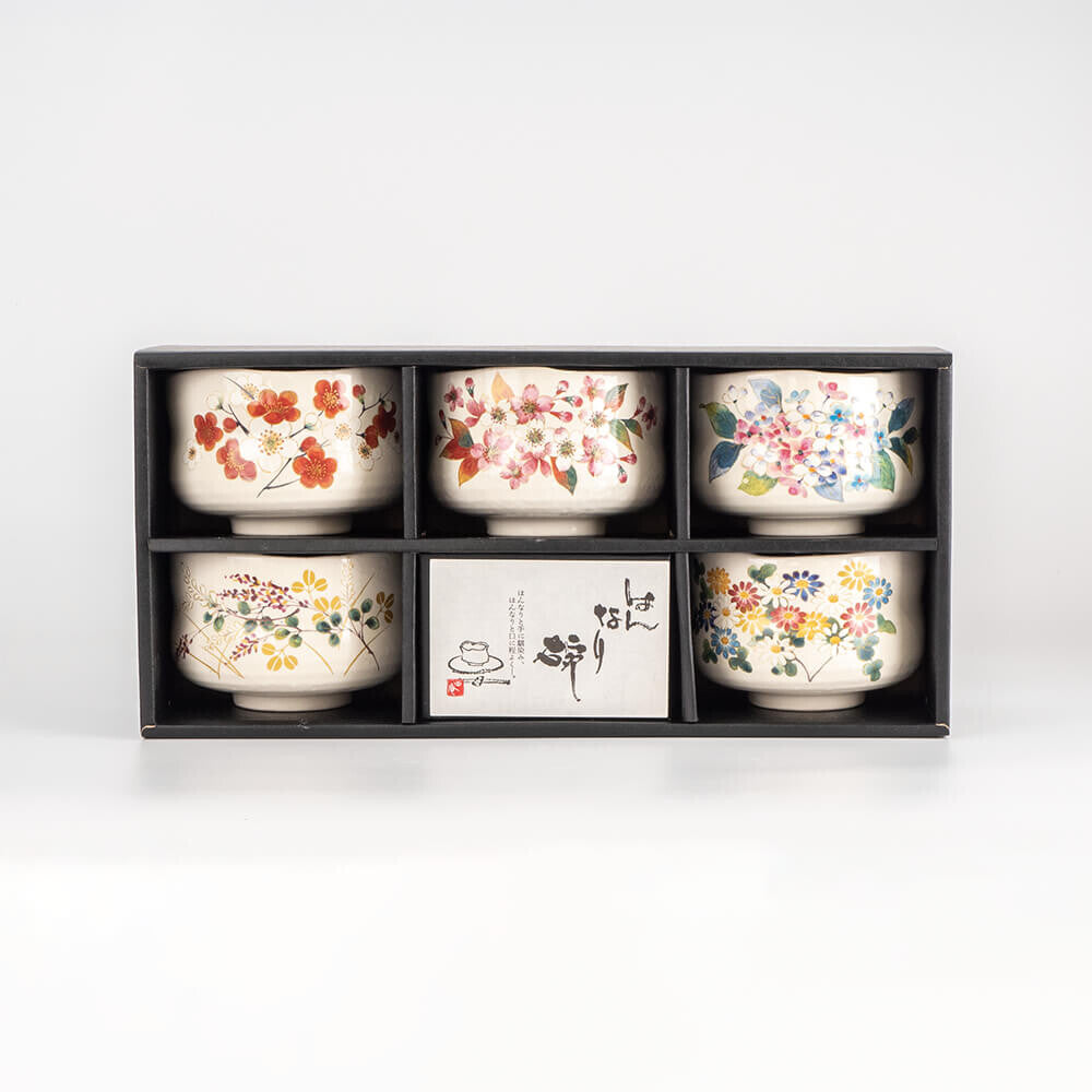 Flowers of the Seasons (Cream White) - 5 Piece Minoyaki Matcha Bowl