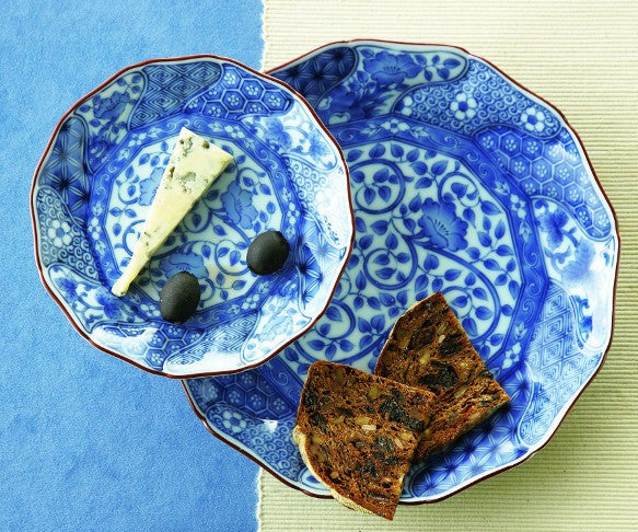 Minoyaki Nejiri Shouzui Sometsuke Indigo Arabesque Plate & Bowl
