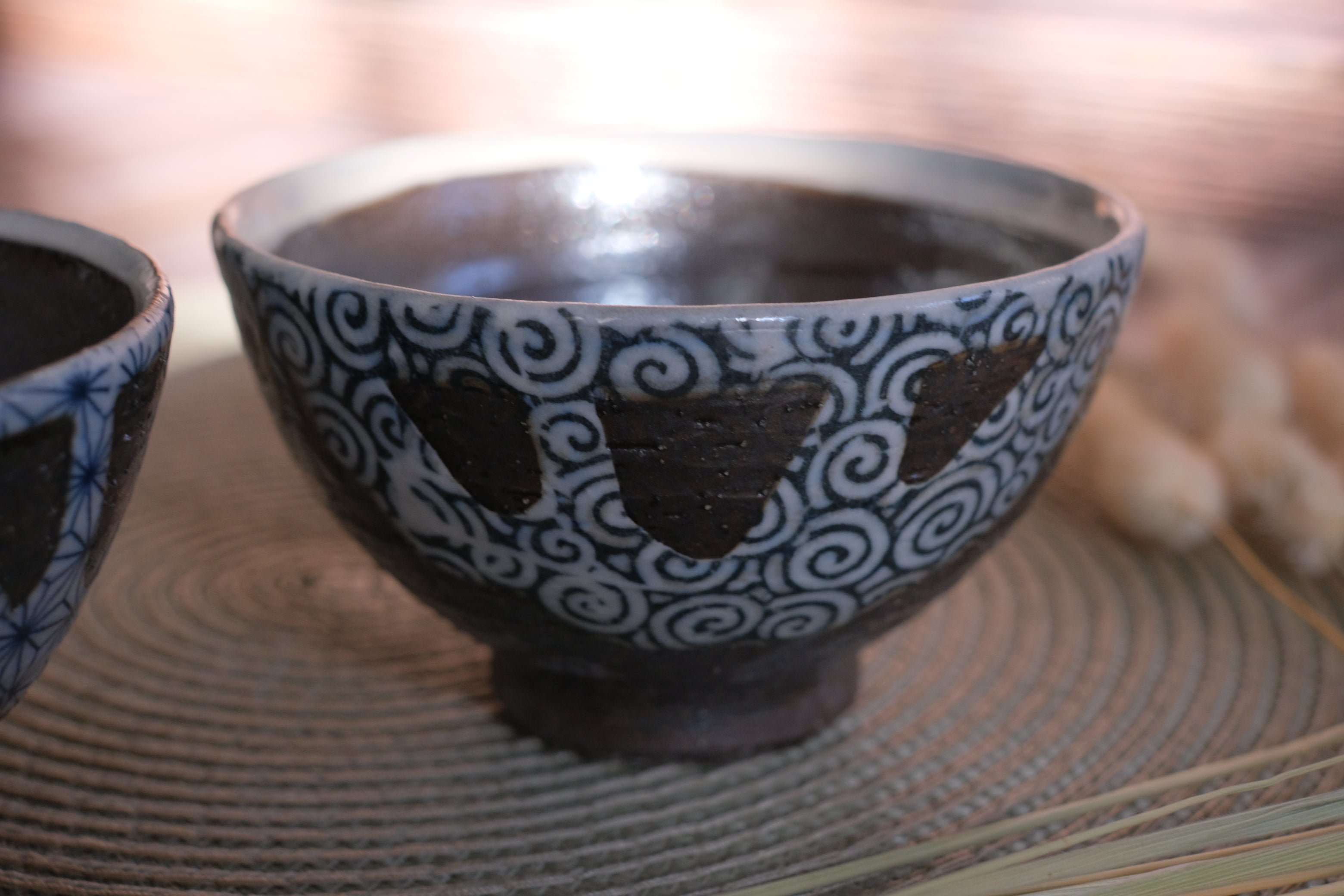 Black Textured Abstract Geometric Pair Rice Bowls