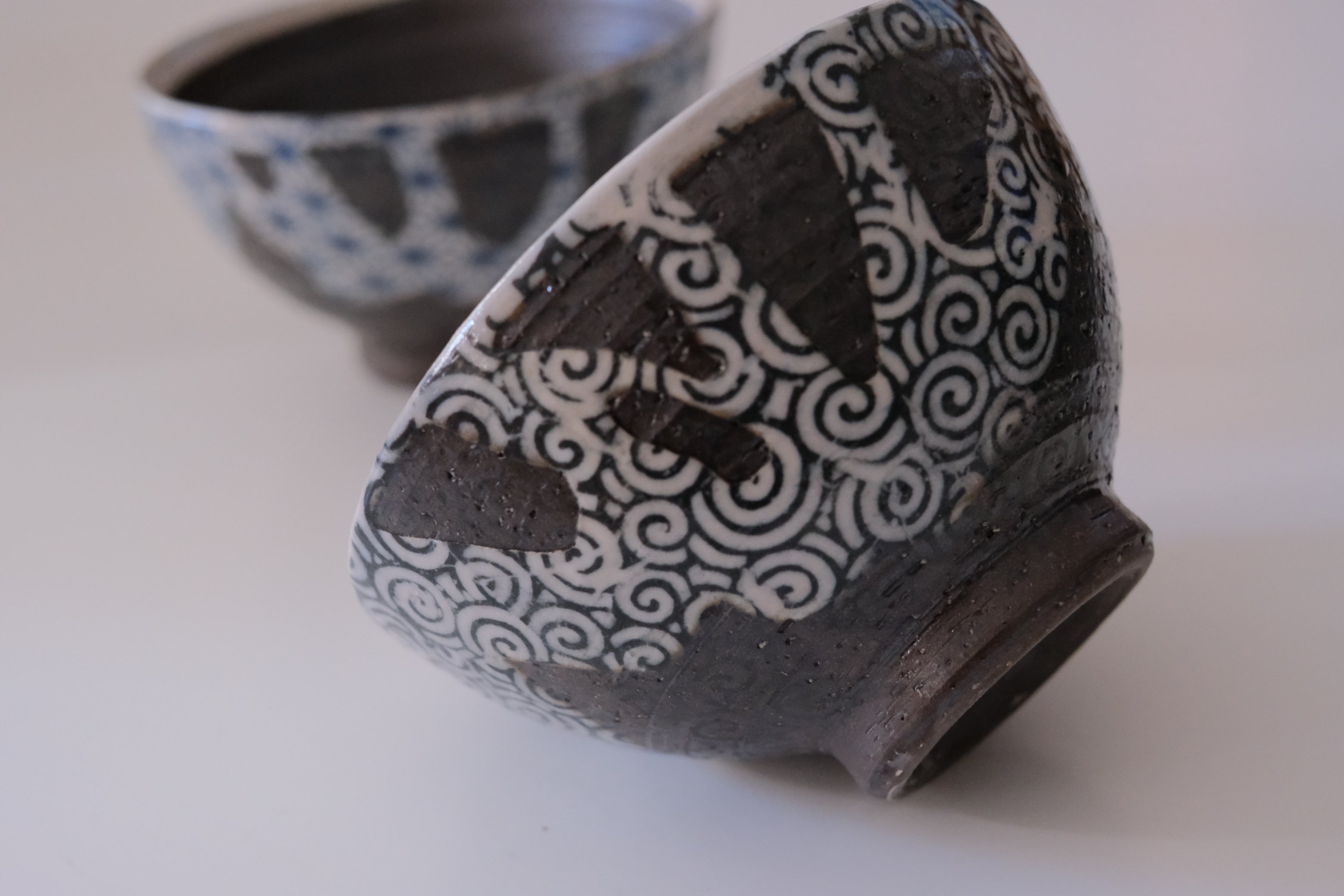 Black Textured Abstract Geometric Pair Rice Bowls