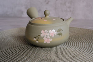 Tokoname Works Blushing Green Flat Sakura Branch Clay Teapot
