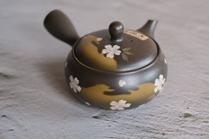 Tokoname Works Flat Cherry Blossom Dark Clay Teapot