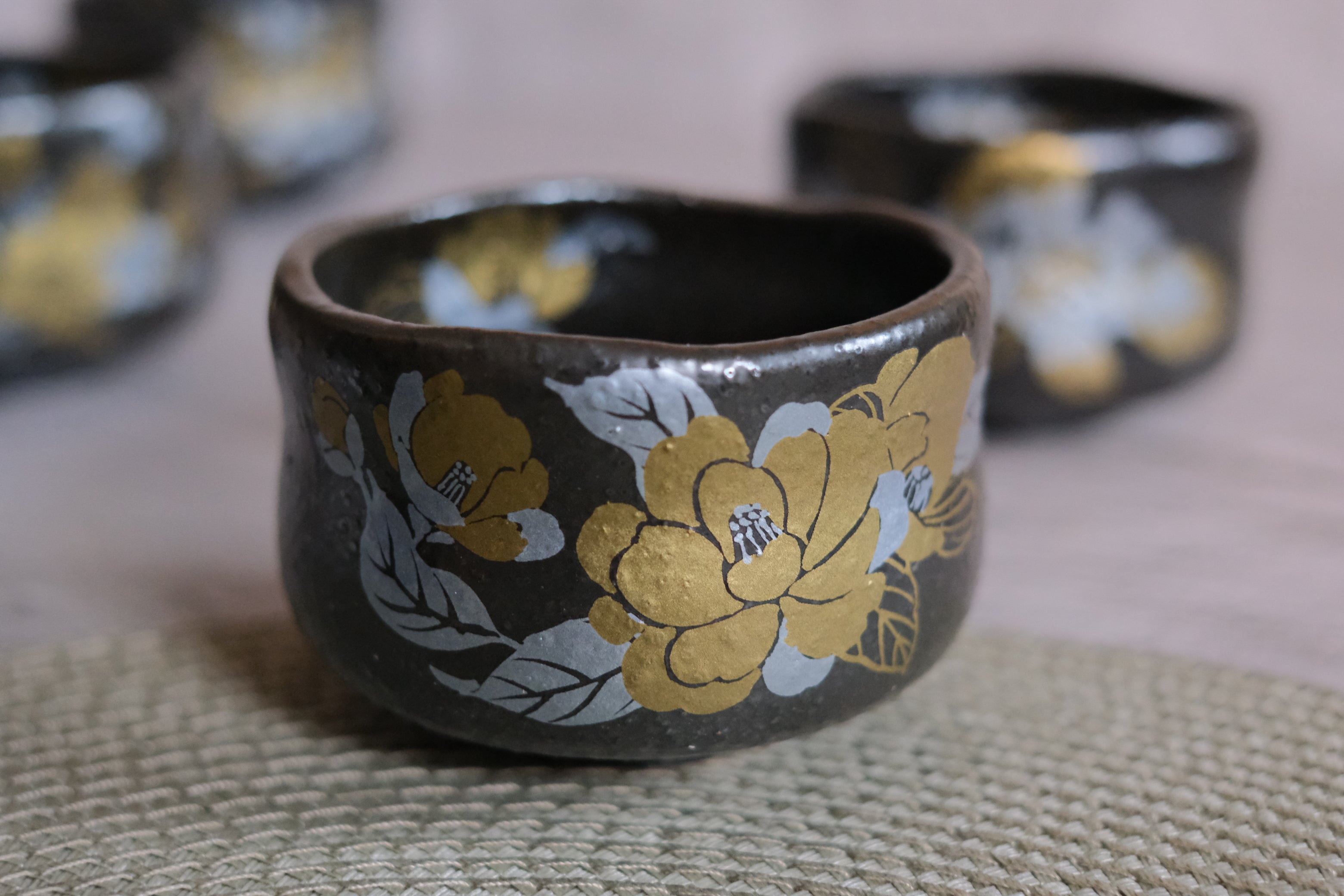 Flowers of the Seasons (Tenmoku Black) - 5 Piece Minoyaki Matcha Bowl