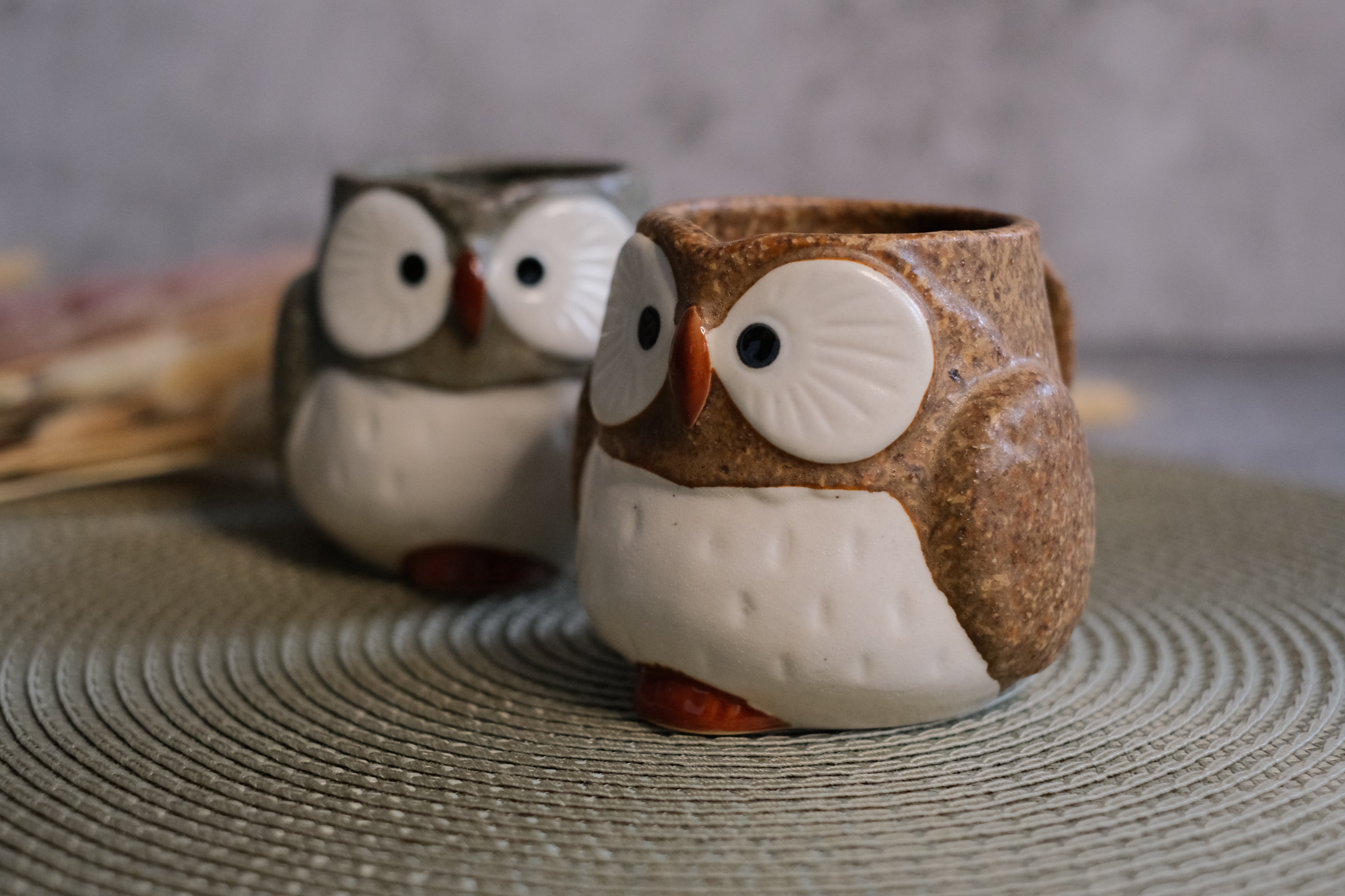 Minoyaki Owl Mater Natural Sesame Melange Pair Mugs