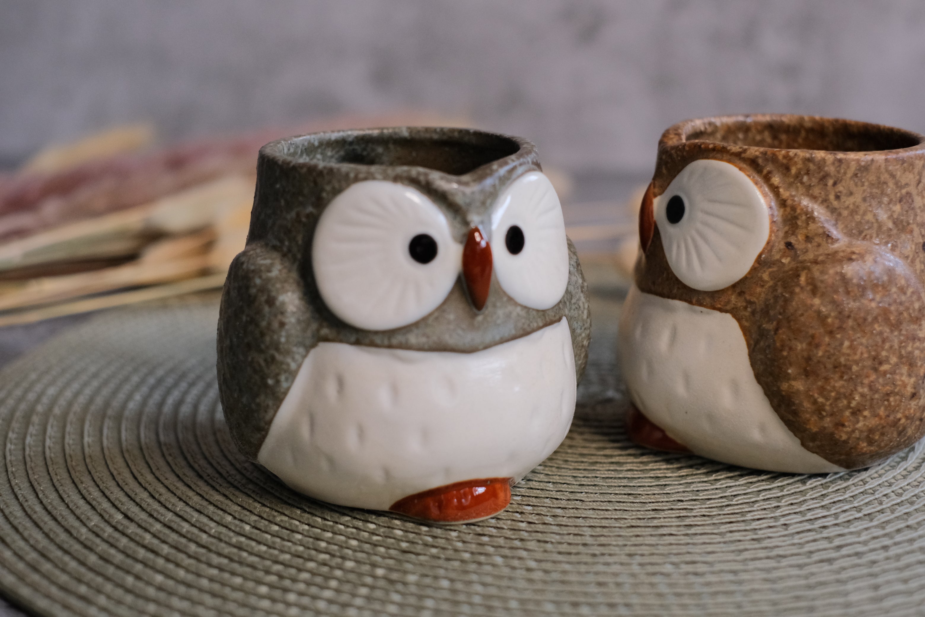 Minoyaki Owl Mater Natural Sesame Melange Pair Mugs