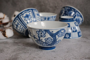 Hasamiware 5 Piece Indigo Dyed Soft Floral Rice Bowls