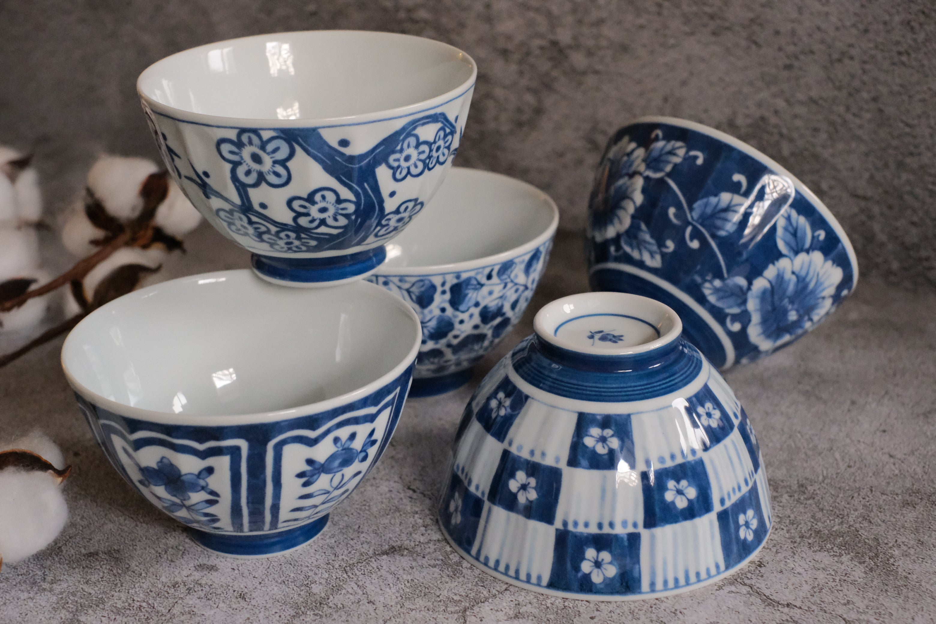 Hasamiware 5 Piece Indigo Dyed Soft Floral Rice Bowls