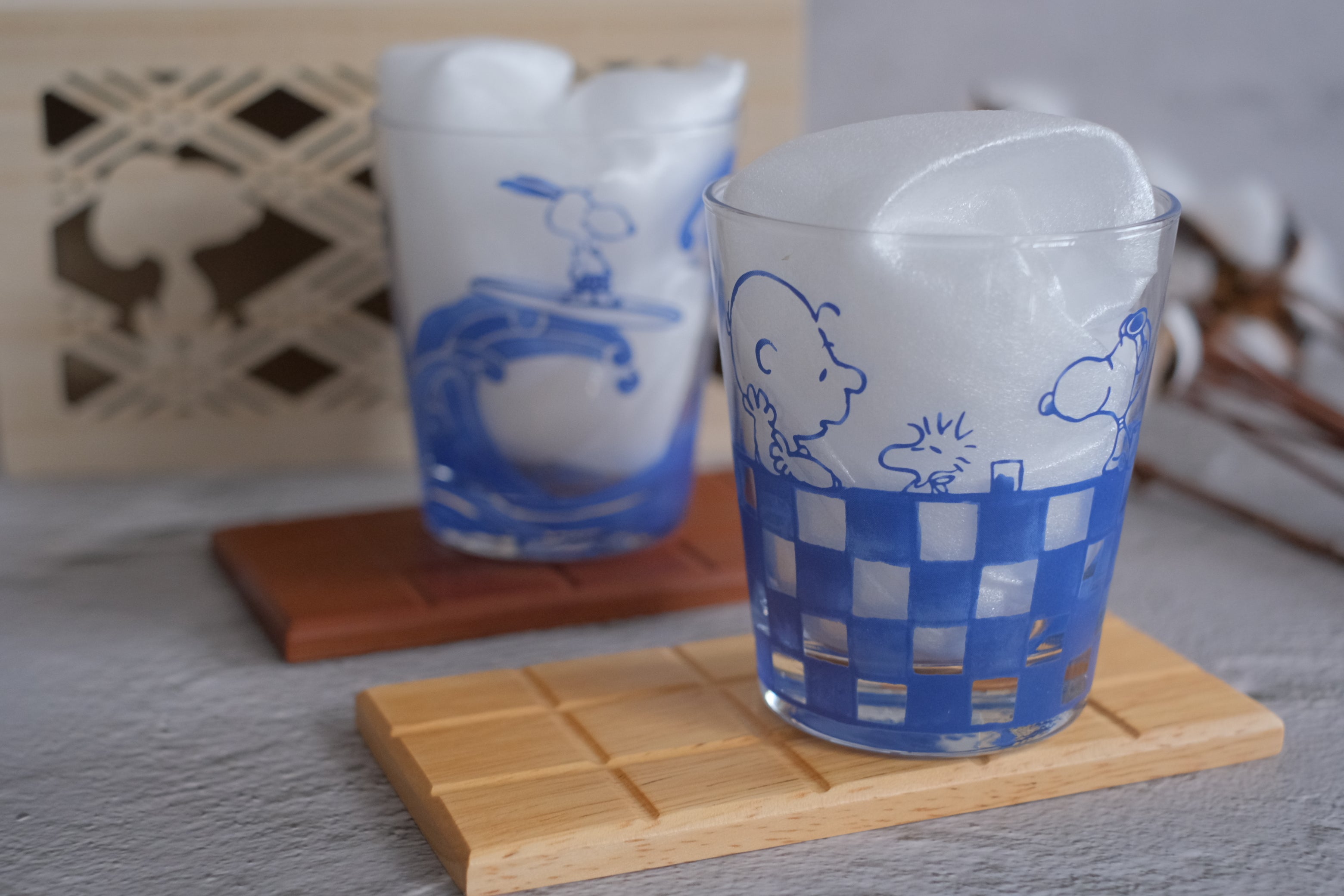 Peanuts Japan Snoopy Indigo Pair Glass Tumbler Set in Cut-out Wood Box
