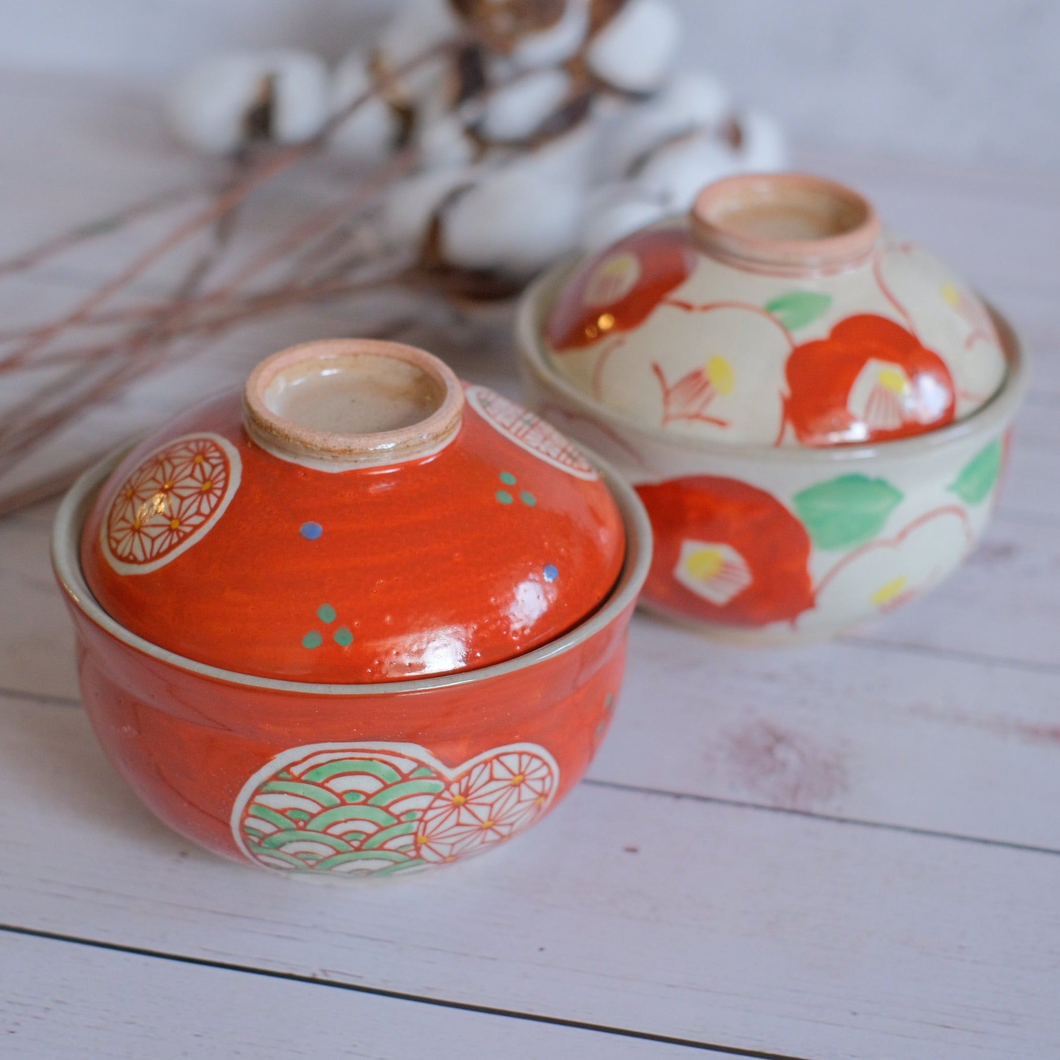 Set of 2 Akai Shozui Futamono Steaming/Simmered Sweets Bowl with Lid