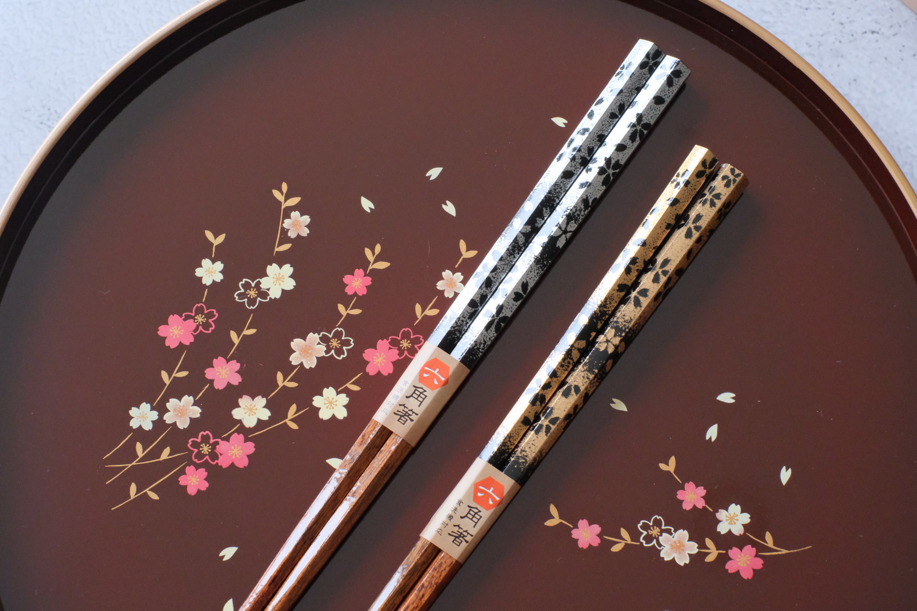 Premium Natural Wood Gold and Silver Hexagon Sakura His & Hers Chopsticks Set