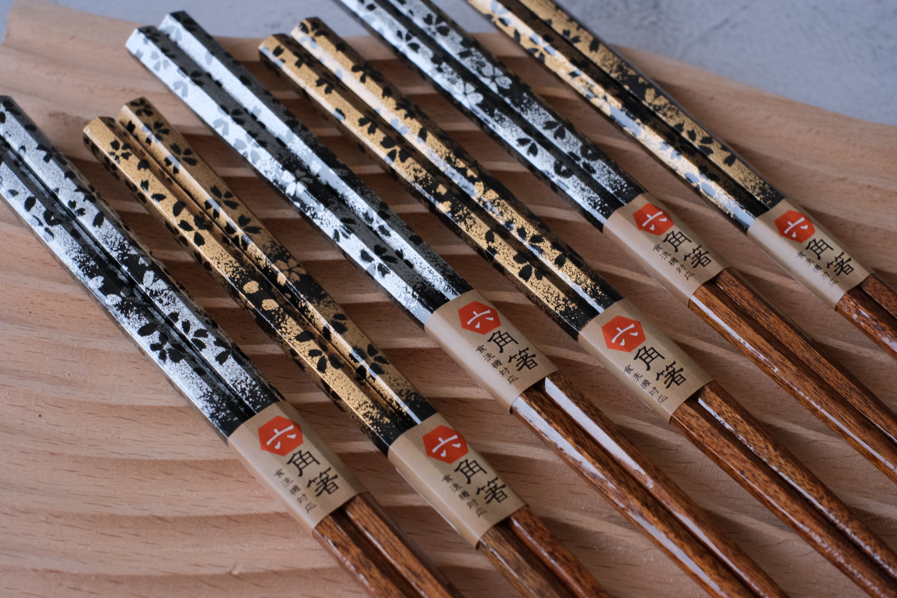 Premium Natural Wood Gold and Silver Hexagon Sakura His & Hers Chopsticks Set