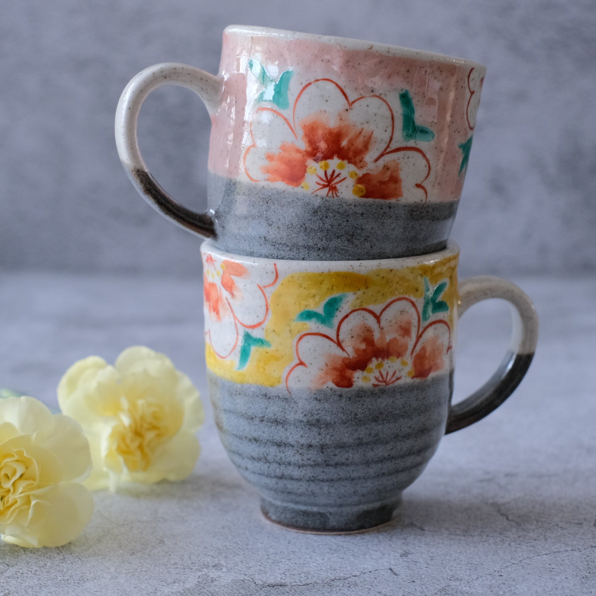 Kutaniyaki Sesame Peach Blossom Pair Mugs