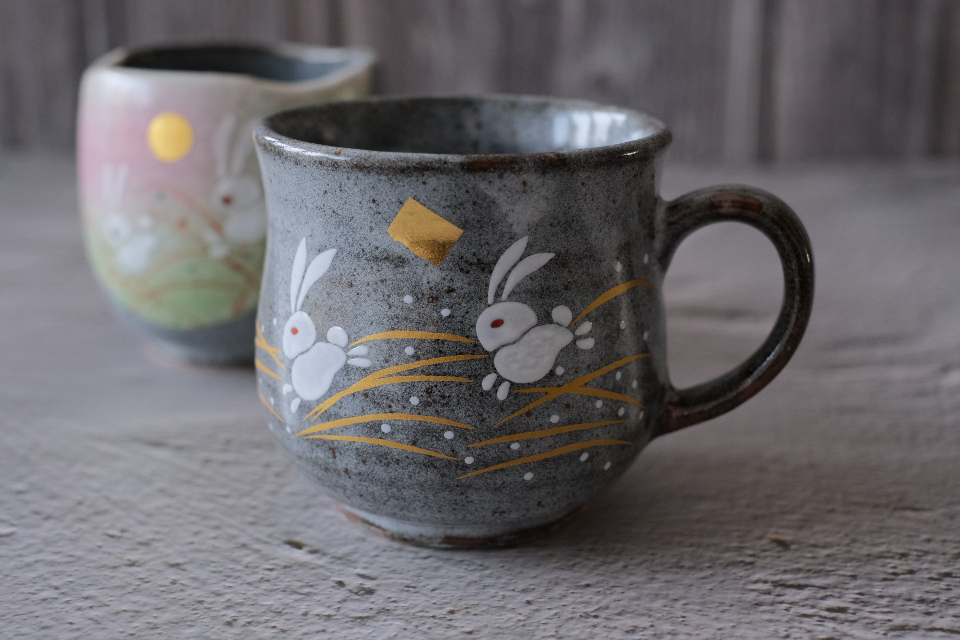 Kutaniyaki Golden Usagi Rabbit Moon Pair Mugs