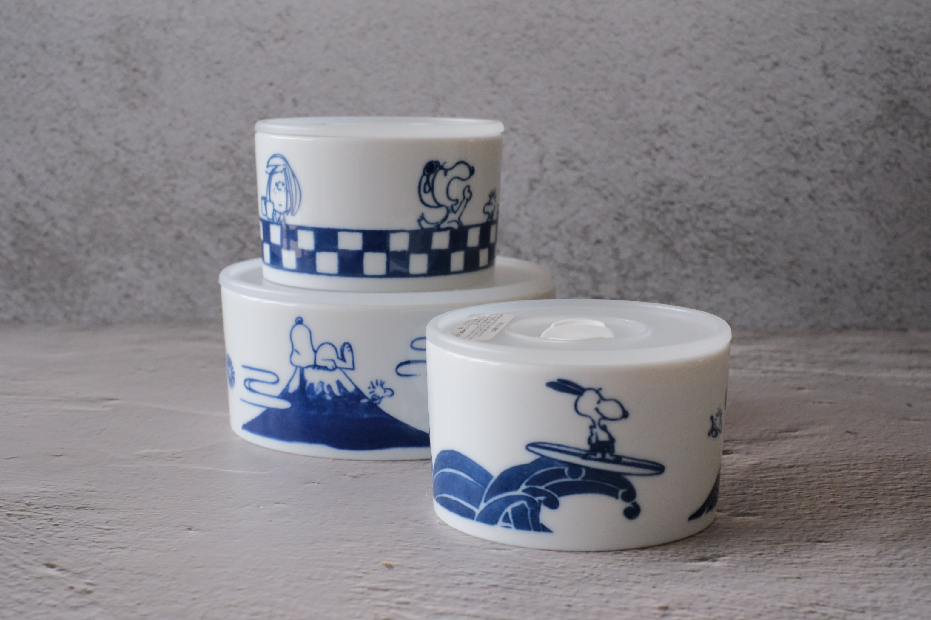 Peanuts Snoopy Japan Indigo Sometsuke 3 Piece Ceramic Airtight Storage Container/ Lunch Canister