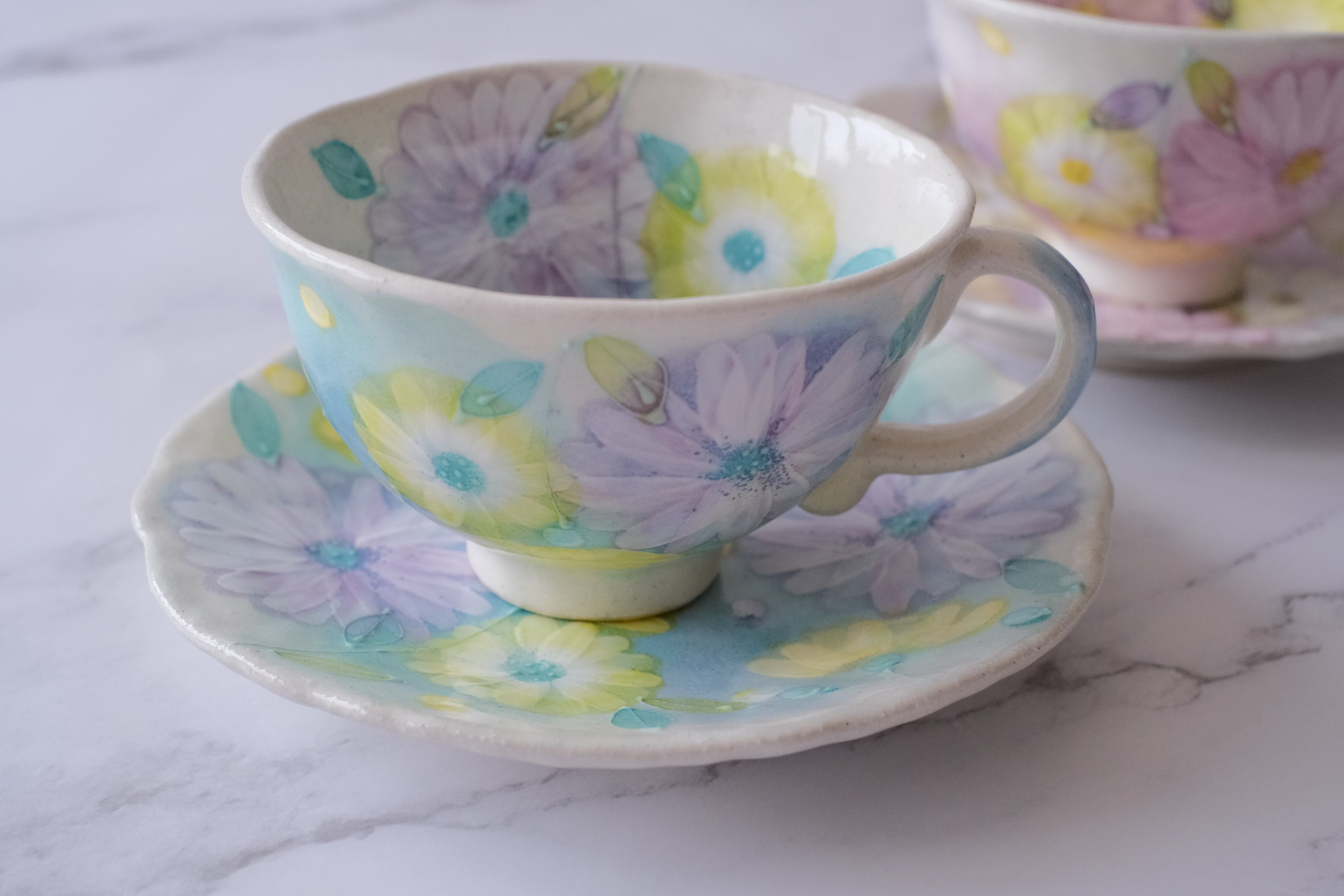 Fuka Studio Setoyaki Aya Spring Kohiki Flower Coffee Cup & Saucer