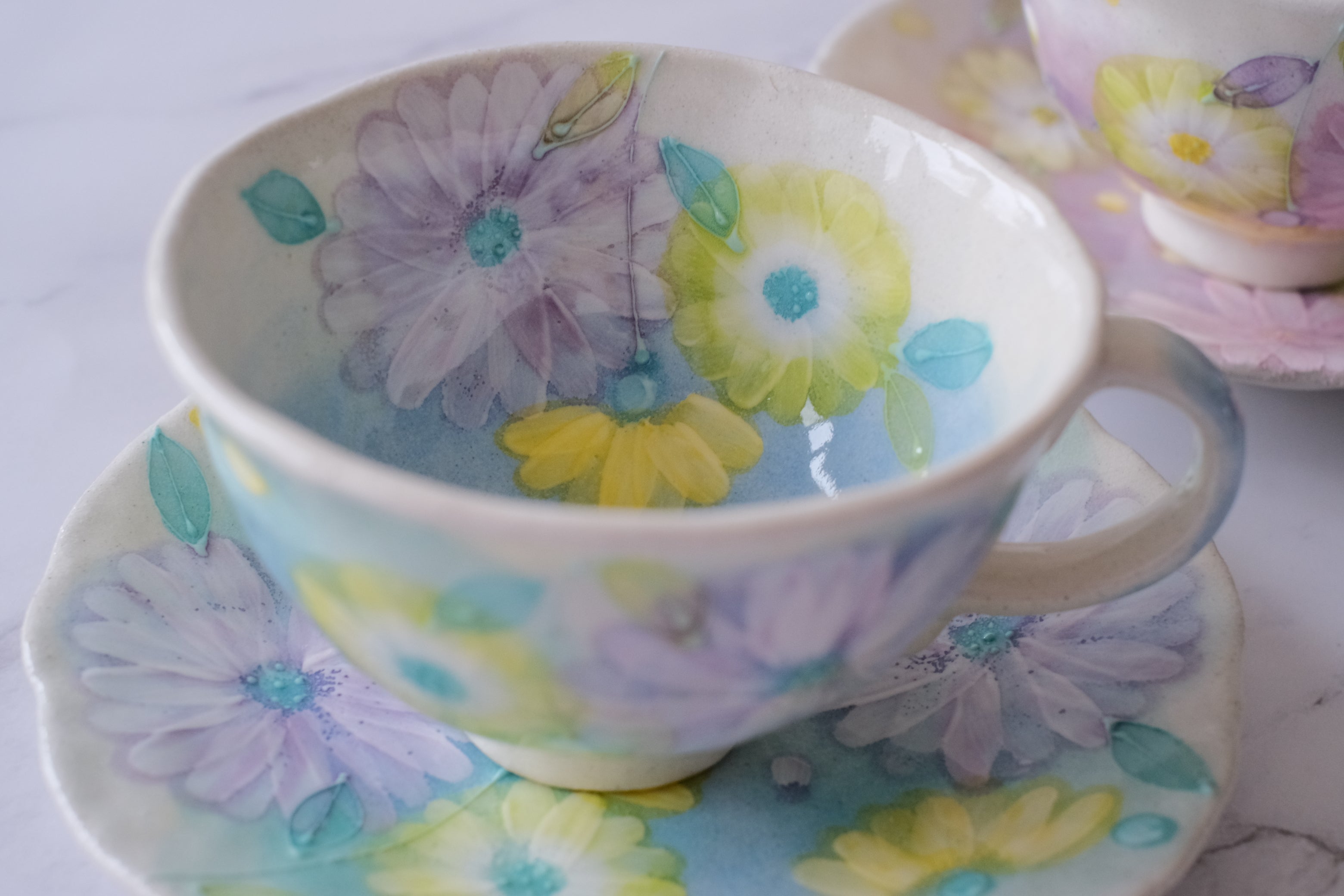 Fuka Studio Setoyaki Aya Spring Kohiki Flower Coffee Cup & Saucer