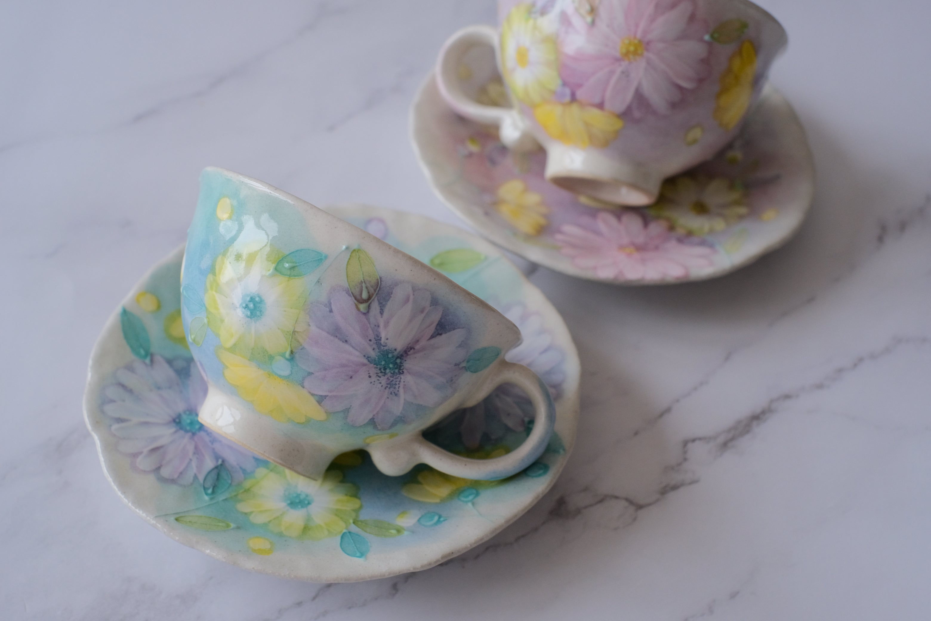 Fuka Studio Setoyaki Aya Spring Kohiki Flower Coffee Cup & Saucer