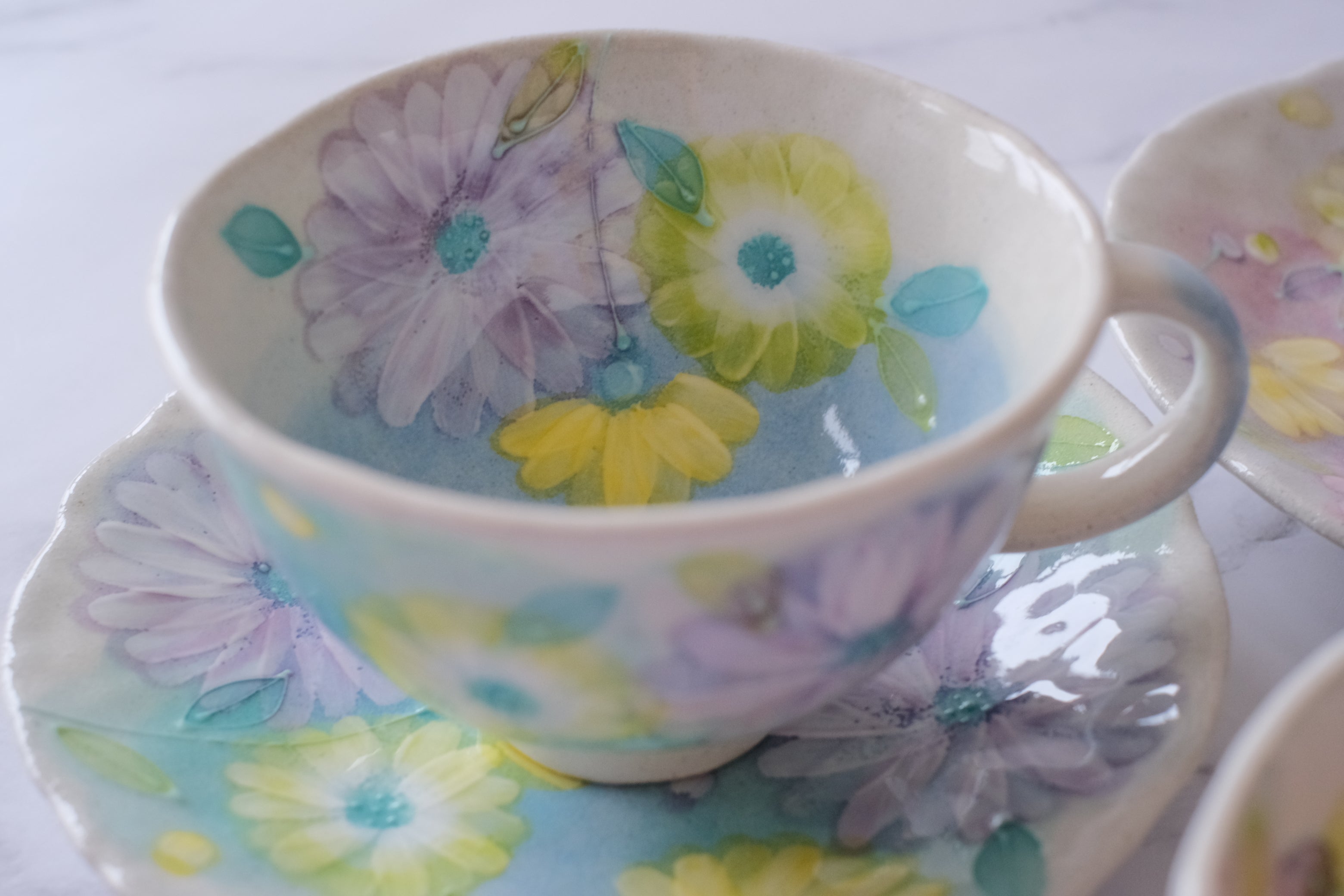 Fuka Studio Setoyaki Aya Spring Kohiki Flower Coffee Cup & Saucer