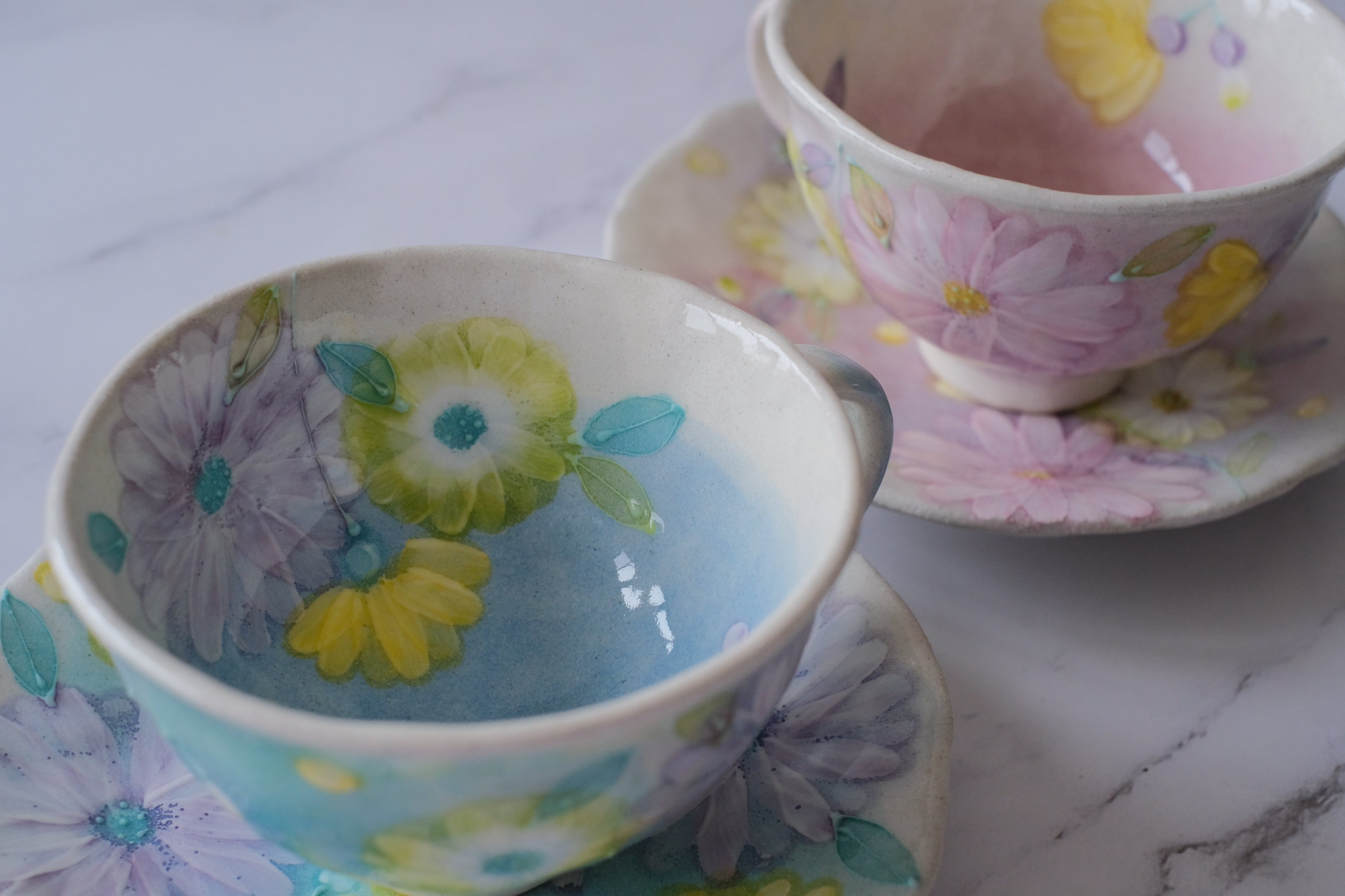 Fuka Studio Setoyaki Aya Spring Kohiki Flower Coffee Cup & Saucer