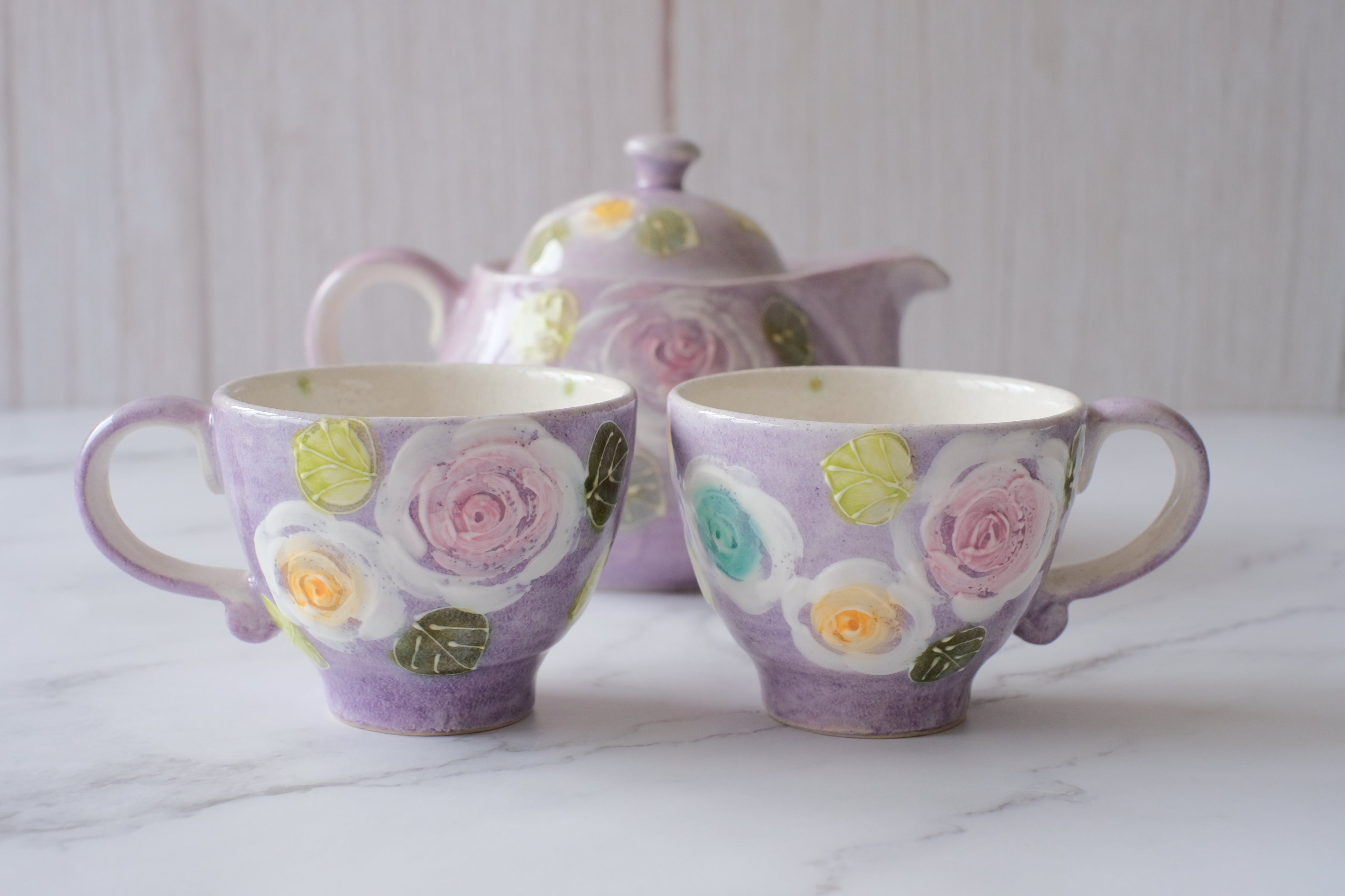 Fuka Studio Setoyaki Aya Purple Rose Teapot & Teacup Set