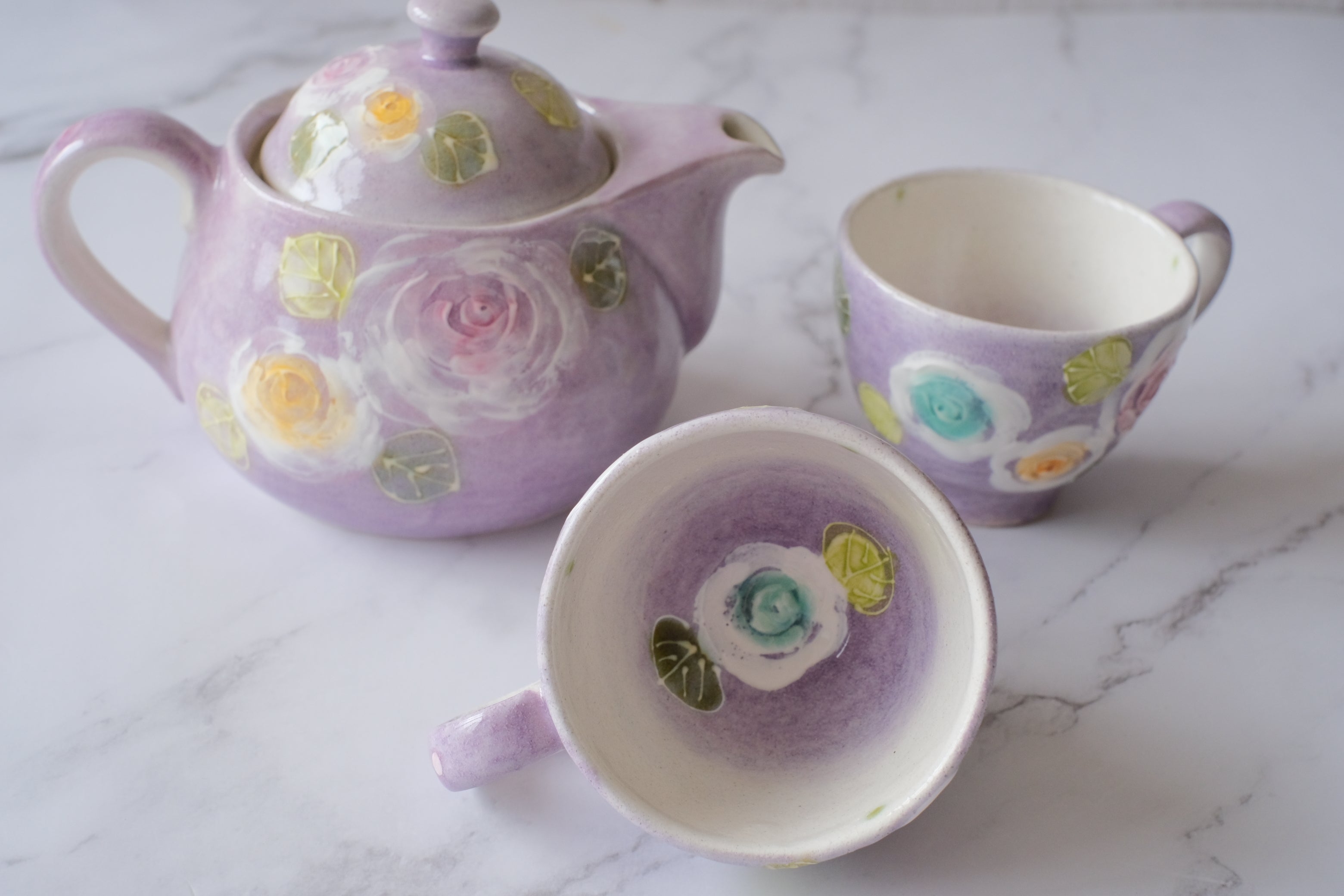 Fuka Studio Setoyaki Aya Purple Rose Teapot & Teacup Set