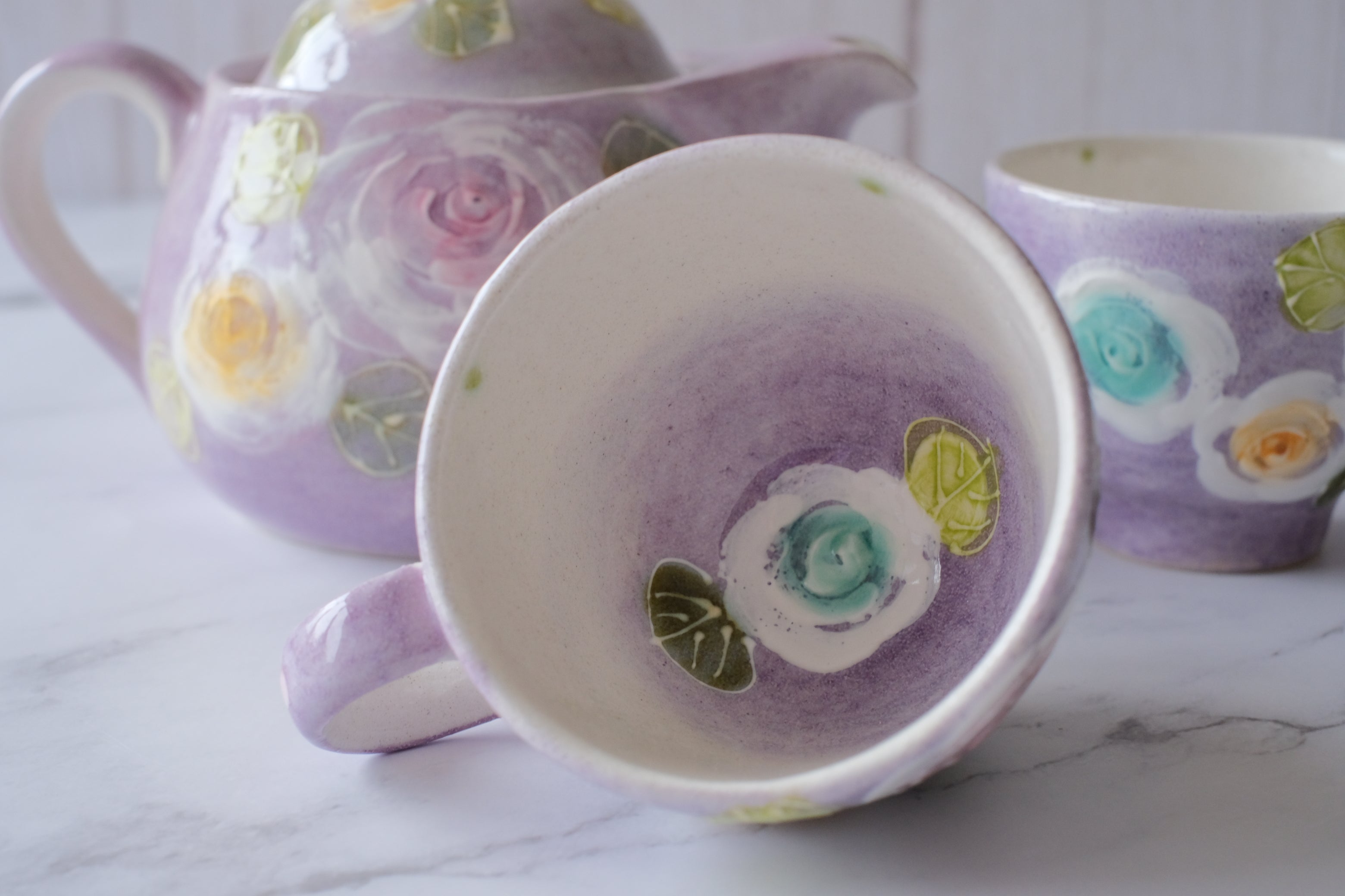 Fuka Studio Setoyaki Aya Purple Rose Teapot & Teacup Set