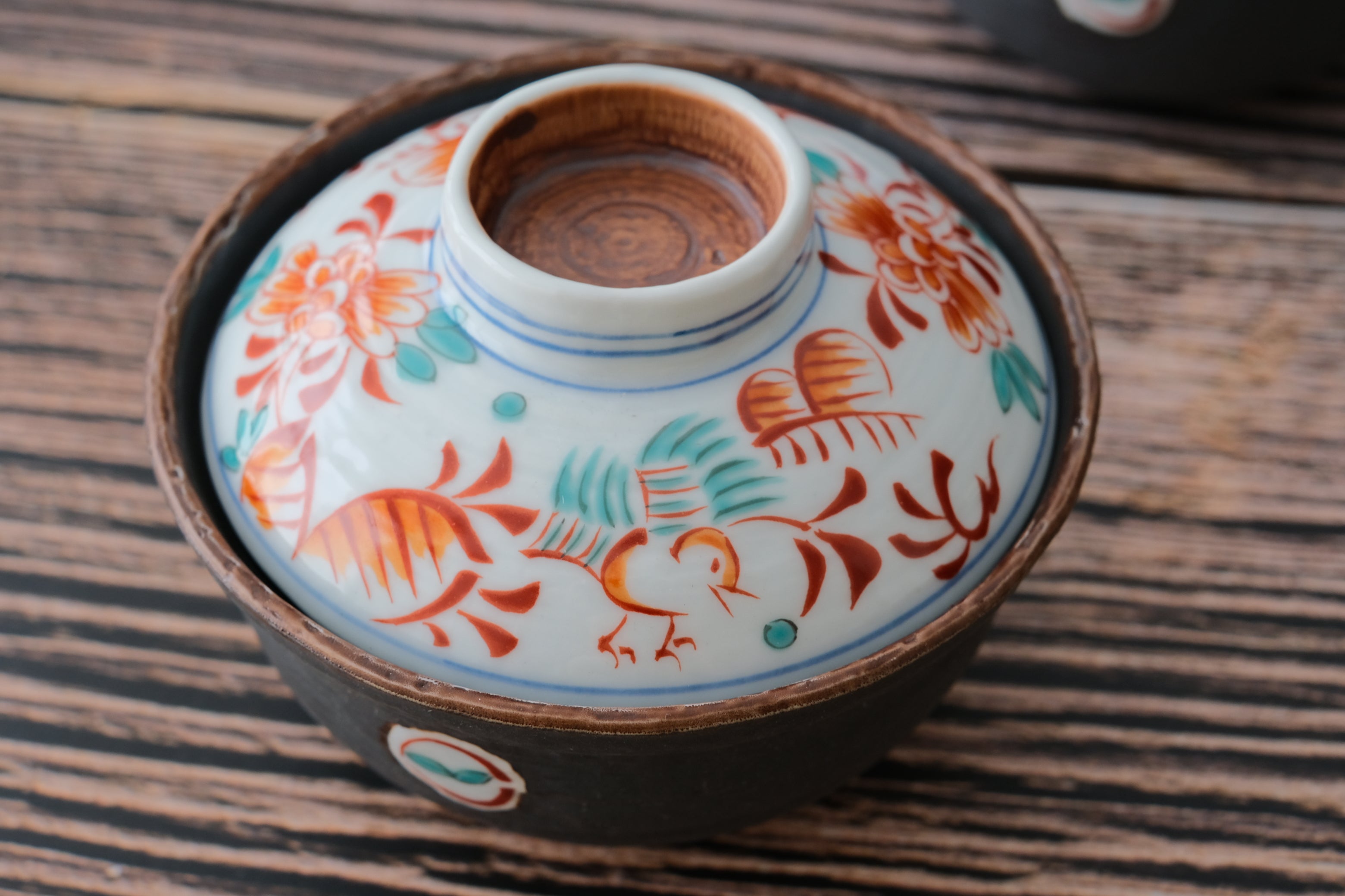 Aritayaki Vintage Charcoal Floral Futamono Sweets Bowl with Lid