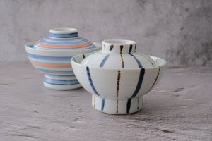 High Neck Pair Striped Donburi Bowl with Lid