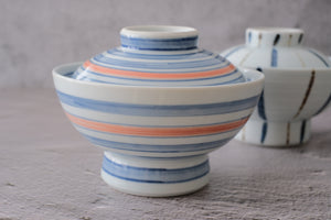 High Neck Pair Striped Donburi Bowl with Lid